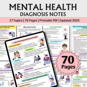 Puede incluir: Un PDF imprimible digital titulado "Notas de diagnóstico de salud mental" con 17 temas y 70 páginas. La imagen muestra una tableta que muestra notas sobre salud mental, incluidos temas como el trastorno de ansiedad generalizada.