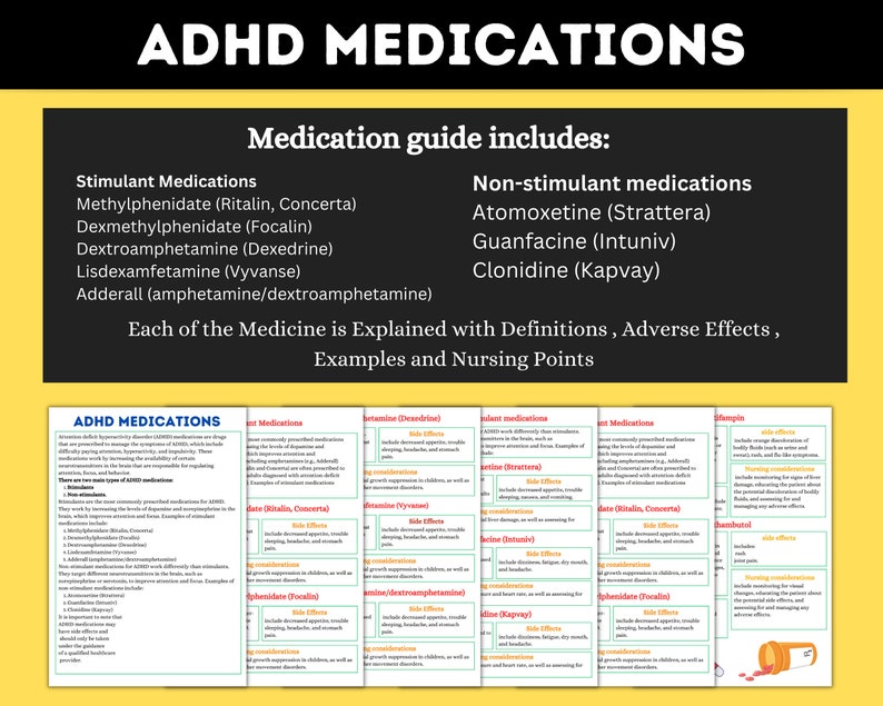 Pode incluir: Um gr&aacute;fico colorido com o t&iacute;tulo "Medicamentos para TDAH" lista os medicamentos estimulantes e n&atilde;o estimulantes usados para tratar o transtorno de d&eacute;ficit de aten&ccedil;&atilde;o e hiperatividade (TDAH). O gr&aacute;fico inclui os nomes dos medicamentos, seus nomes comerciais e uma breve descri&ccedil;&atilde;o de cada medicamento.