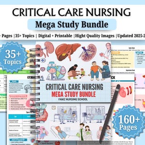 May include: A digital study bundle for critical care nursing, featuring over 160 pages and 35+ topics. The bundle includes high-quality images and is updated for 2025-2026. The cover displays medical illustrations and the text "Critical Care Nursing Mega Study Bundle."