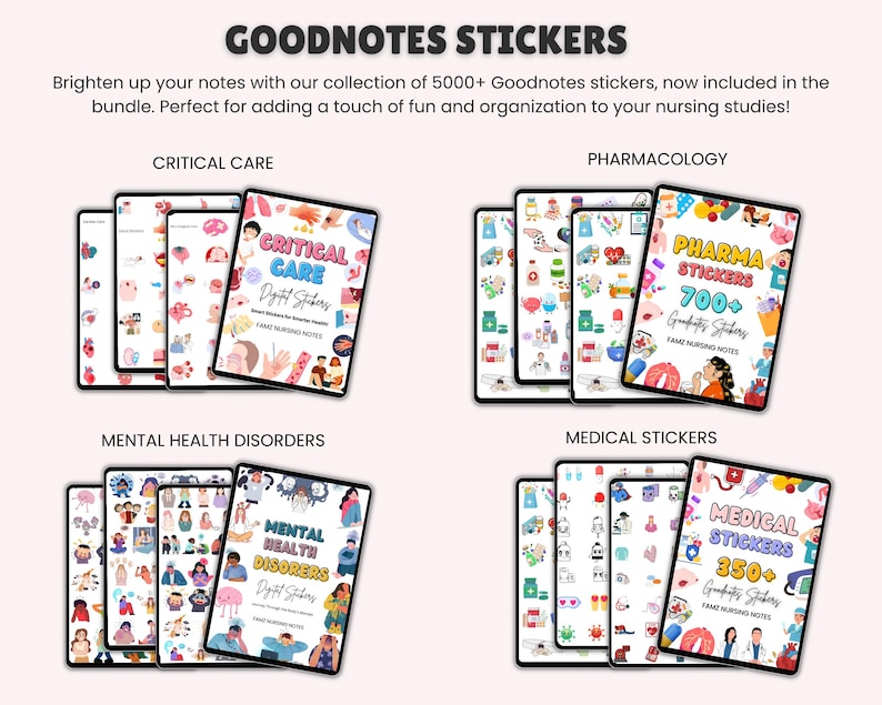 May include: Four digital sticker packs for Goodnotes app, featuring illustrations related to critical care, pharmacology, mental health disorders, and general medical topics. Each pack includes hundreds of stickers.