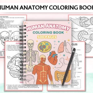 Może przedstawiać: Spiralnie oprawiona "Human Anatomy Coloring Book" z 500 stronami. Okładka zawiera tytuł w kolorze r&oacute;żowym, z ilustracjami ludzkiego ciała, narząd&oacute;w i układu szkieletowego. Czarny rysik spoczywa na otwartych stronach, kt&oacute;re zawierają szczeg&oacute;łowe diagramy anatomiczne.