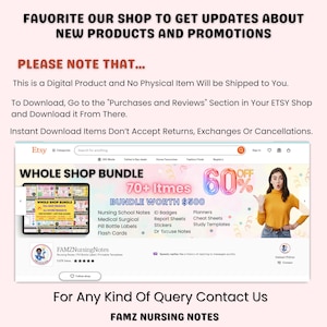 May include: A screenshot of an Etsy shop page advertising a bundle of nursing school notes, ID badges, planners, cheat sheets, study templates, and more. The text "Whole Shop Bundle" and "70+ Items Bundle Worth $500" is displayed on the page. The shop is offering a 60% discount on the bundle.