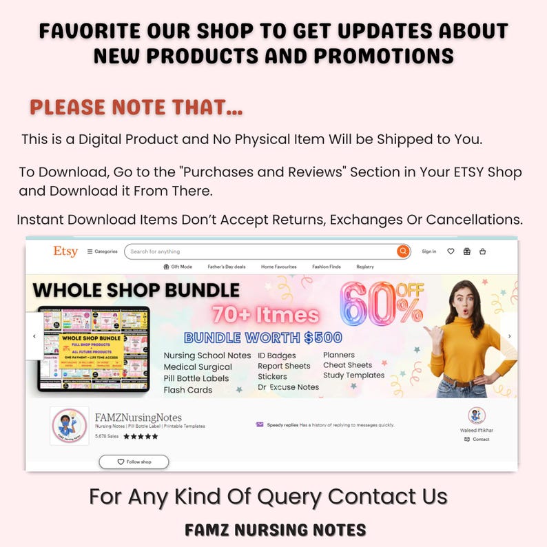 May include: A screenshot of an Etsy shop page advertising a bundle of nursing school notes, ID badges, planners, cheat sheets, study templates, and more. The text "Whole Shop Bundle" and "70+ Items Bundle Worth $500" is displayed on the page. The shop is offering a 60% discount on the bundle.