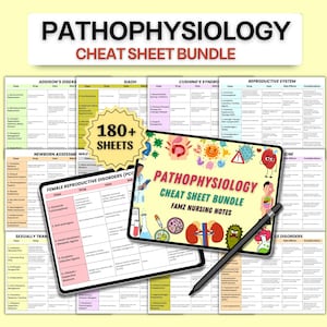 May include: A digital bundle of pathophysiology cheat sheets, including topics like Addison's Disease, SIADH, and Cushing's Syndrome. The bundle includes over 180 sheets and is designed for nursing students. The title "Pathophysiology Cheat Sheet Bundle" is displayed.