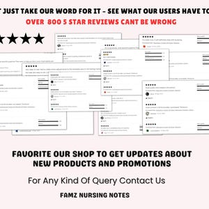 May include: A collage of customer reviews with five stars and positive feedback for a shop selling nursing notes. The text "DON'T JUST TAKE OUR WORD FOR IT - SEE WHAT OUR USERS HAVE TO SAY! OVER 800 5 STAR REVIEWS CANT BE WRONG" is at the top of the image. The text "FAVORITE OUR SHOP TO GET UPDATES ABOUT NEW PRODUCTS AND PROMOTIONS" is in the middle of the image. The text "For Any Kind Of Query Contact Us FAMZ NURSING NOTES" is at the bottom of the image.