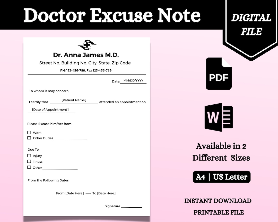 Fillable Doctor Excuse Note for Work Doctor Excuse Note Template Doctor ...