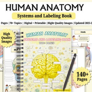 May include: A spiral-bound book titled "HUMAN ANATOMY Systems and Labeling Book" with a yellow brain illustration on the cover. The book includes "140+ Pages" and "70+ Topics". Additional pages with anatomical diagrams are visible. A black stylus pen rests on the book.
