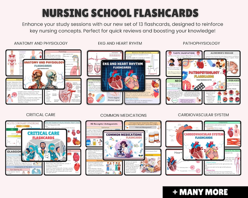 May include: A set of 13 colorful flashcards designed for nursing students. The flashcards cover topics such as anatomy and physiology, EKG and heart rhythm, pathophysiology, critical care, common medications, and the cardiovascular system. The flashcards feature illustrations and text.