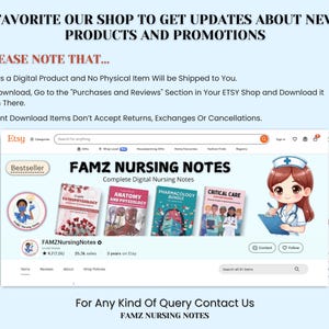 Może przedstawiać: Jasnoniebieska grafika z tekstem promującym aktualizacje dotyczące nowych produkt&oacute;w i promocji. Obraz zawiera zrzut ekranu ze sklepu Etsy sprzedającego cyfrowe notatki pielęgniarskie.