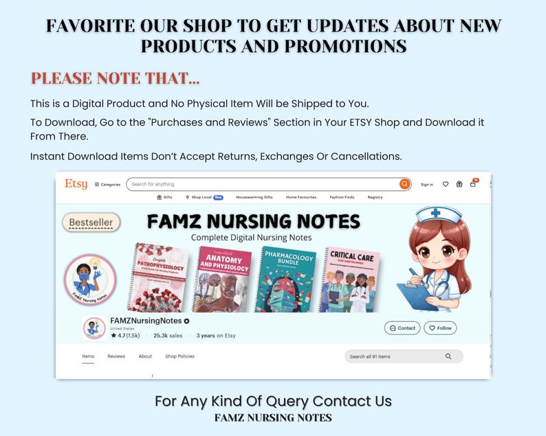 Może przedstawiać: Jasnoniebieska grafika z tekstem promującym aktualizacje dotyczące nowych produkt&oacute;w i promocji. Obraz zawiera zrzut ekranu ze sklepu Etsy sprzedającego cyfrowe notatki pielęgniarskie.