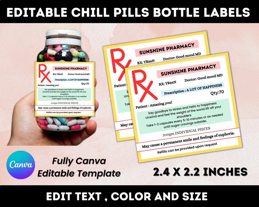 Editable Chill Pill Bottle Labels Template Prescription Etsy
