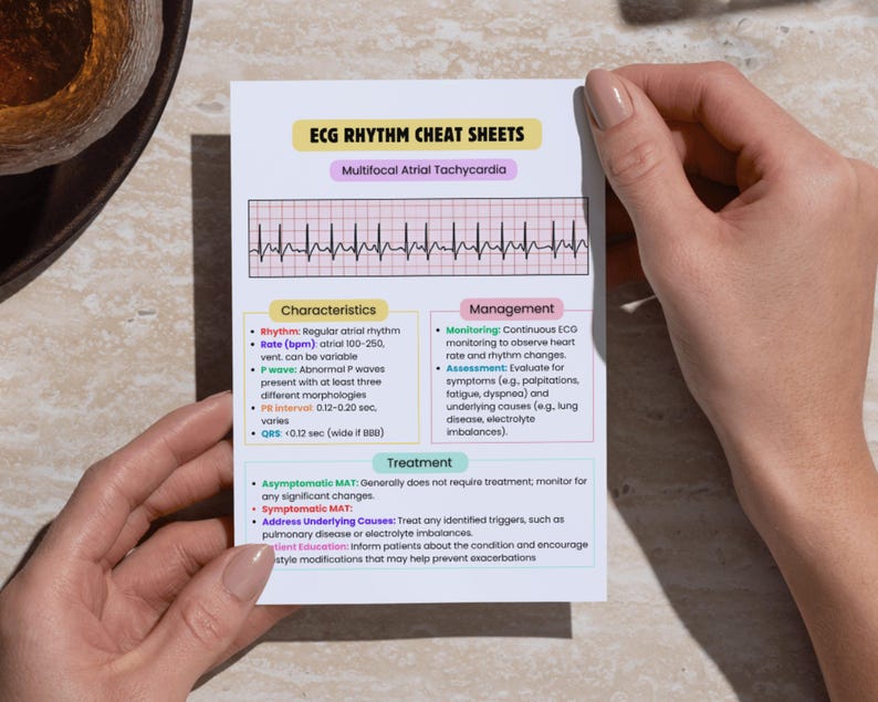 May include: A printable cheat sheet for ECG rhythm interpretation, focusing on multifocal atrial tachycardia. The sheet includes a diagram of the ECG rhythm, characteristics, management, and treatment information.