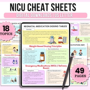 May include: Digital download of NICU Cheat Sheets with 18 topics and 49 pages. The image shows a tablet displaying neonatal medication dosing tables, emergency medications, and weight-based dosing principles. The text includes "Digital Downloads | US Letter."