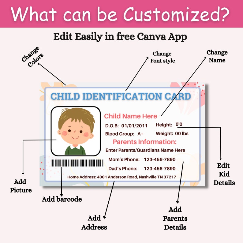 Kids ID Card Template Child Identification Card Pretend Play ID Badge
