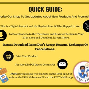 Pode incluir: Um fundo amarelo com texto preto que diz "Guia r&aacute;pido: Adicione nossa loja aos seus favoritos para receber atualiza&ccedil;&otilde;es sobre novos produtos e promo&ccedil;&otilde;es".  O texto "Este &eacute; um produto digital e nenhum item f&iacute;sico ser&aacute; enviado para voc&ecirc;." tamb&eacute;m est&aacute; no fundo amarelo.  Um &iacute;cone de carrinho de compras preto e branco est&aacute; no canto superior direito.  Um &iacute;cone de seta preta para baixo est&aacute; no canto superior esquerdo.  O texto "Para baixar, v&aacute; para a se&ccedil;&atilde;o "Compras e avalia&ccedil;&otilde;es" de sua loja ETSY e fa&ccedil;a o download de l&aacute;." est&aacute; abaixo do &iacute;cone de seta.  O texto "Itens de download instant&acirc;neo n&atilde;o aceitam devolu&ccedil;&otilde;es, trocas ou cancelamentos." est&aacute; em um tamanho de fonte maior que o outro texto.  Um &iacute;cone de impressora preto e branco est&aacute; abaixo do texto.  O texto "Imprima seu produto" est&aacute; abaixo do &iacute;cone da impressora.  O texto "Para qualquer tipo de consulta, entre em contato conosco" est&aacute; abaixo do &iacute;cone da impressora.  Um &iacute;cone de envelope preto e branco est&aacute; &agrave; direita do texto.  Uma ilustra&ccedil;&atilde;o de desenho animado de uma pessoa vestindo um uniforme m&eacute;dico azul e uma m&aacute;scara facial est&aacute; no canto inferior direito.  O texto "Designs by FAMZ" est&aacute; abaixo da ilustra&ccedil;&atilde;o.  O texto "NOTA: O download n&atilde;o ser&aacute; iniciado no aplicativo ETSY, mas apenas no site ETSY no PC e no aplicativo m&oacute;vel ETSY." est&aacute; abaixo do &iacute;cone do envelope.