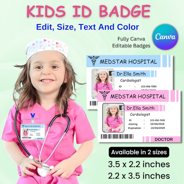 Badge nominatif d'identification de médecin pour enfants | Insigne de docteur | Badge nominatif d'infirmière | Badge d'identification médicale modifiable | Jeu de simulation de docteur Badge | Modèle de carte d'identité