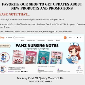 May include: Screenshot of an Etsy shop, FAMZ Nursing Notes, offering digital nursing notes. The image includes book covers for anatomy, pharmacology, and critical care. Text at the top encourages users to favorite the shop for updates.