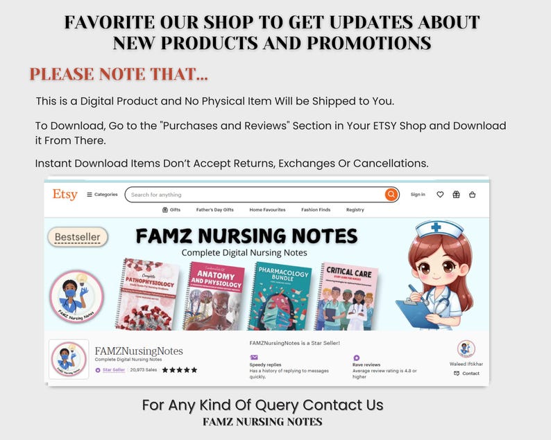 May include: Screenshot of an Etsy shop, FAMZ Nursing Notes, offering digital nursing notes. The image includes book covers for anatomy, pharmacology, and critical care. Text at the top encourages users to favorite the shop for updates.