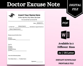 Fillable Doctor Excuse Note | Doctors Note For Work | Work Excuse Template | Doctor Excuse Letter | Medical Excuse Note | Doctors Note | PDF