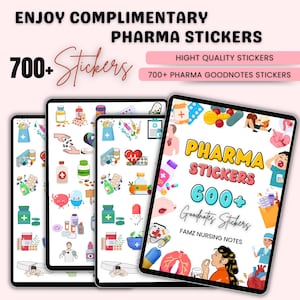 May include: Three digital tablets displaying colorful pharmacy stickers. The tablets are on a pink background. The text on the tablets reads "Pharma Stickers 600+ Goodnotes Stickers FAMZ Nursing Notes".