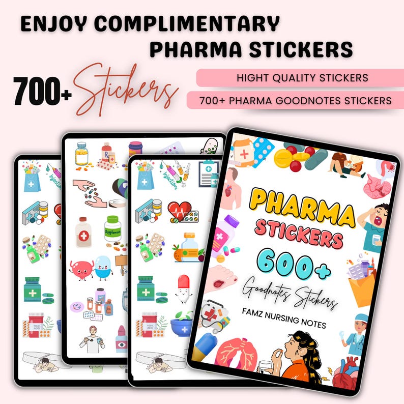 May include: Three digital tablets displaying colorful pharmacy stickers. The tablets are on a pink background. The text on the tablets reads "Pharma Stickers 600+ Goodnotes Stickers FAMZ Nursing Notes".