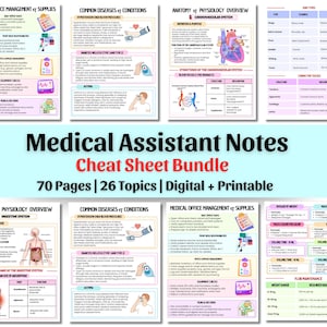 May include: A collection of medical assistant notes, cheat sheets, and study guides. The bundle includes 70 pages covering 26 topics, with digital and printable formats. The notes cover topics such as medical office management, common diseases, and anatomy.