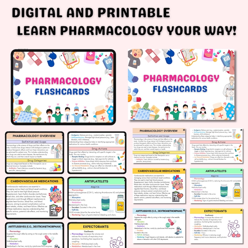 May include: A set of colorful digital flashcards for learning pharmacology. The flashcards feature illustrations of pills, hearts, and other medical symbols. The text on the flashcards includes "Pharmacology Flashcards", "Pharmacology Overview", "Cardiovascular Medications", "Antiplatelets", "Antitussives", "Expectorants", and "Drug Actions".