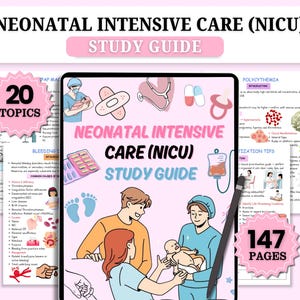 Puede incluir: Una guía de estudio digital para Cuidados Intensivos Neonatales (UCIN) con 20 temas y 147 páginas. La portada presenta ilustraciones de equipos médicos, un bebé y profesionales médicos. El título está en negrita, en negro, sobre un fondo rosa.
