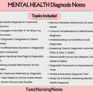 May include: A digital document titled "MENTAL HEALTH Diagnosis Notes" with a pink header and a list of topics. Topics include mental health diagnosis, treatment, diagnostic tools, and case studies. The document is from FamzNursingNotes.