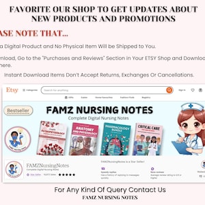May include: A digital product listing for nursing notes on Etsy. The listing features a cartoon nurse with a stethoscope and a notepad. The text "FAMZ NURSING NOTES" is displayed in large, bold letters. The listing includes a variety of nursing notes, including anatomy and physiology, pathophysiology, pharmacology, and critical care.