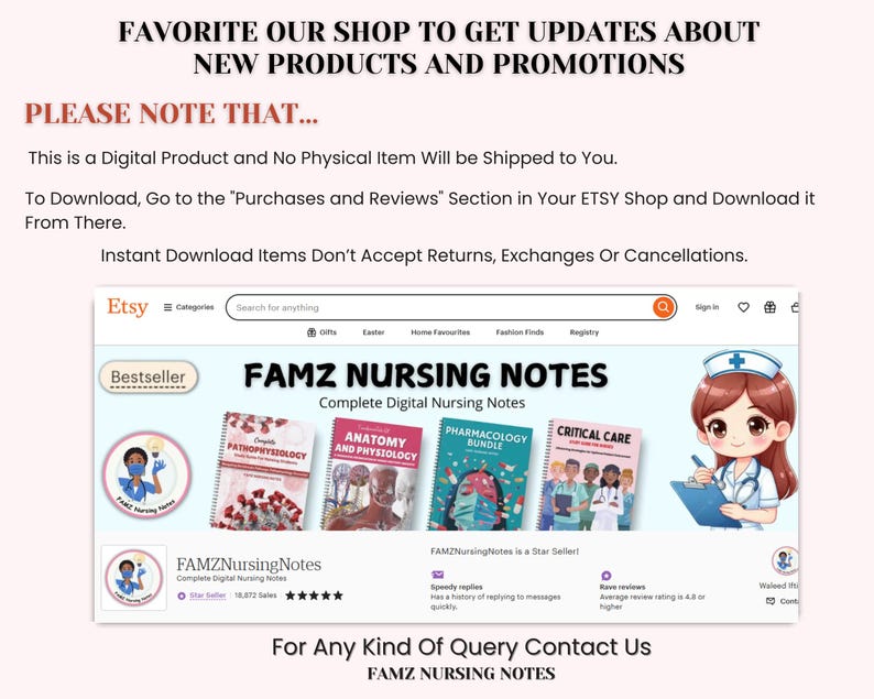 May include: A digital product listing for nursing notes on Etsy. The listing features a cartoon nurse with a stethoscope and a notepad. The text "FAMZ NURSING NOTES" is displayed in large, bold letters. The listing includes a variety of nursing notes, including anatomy and physiology, pathophysiology, pharmacology, and critical care.