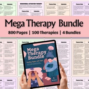 Könnte beinhalten: Ein digitales Tablet mit dem "Mega Therapy Bundle" mit dem Text "Healing begins with hope." Das Bild ist von Fortschrittsnotizen und Erklärungen umgeben. Das Bundle umfasst 800 Seiten, 100 Therapien und 4 Bundles.