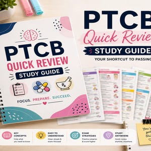 May include: A spiral-bound study guide titled "PTCB Quick Review Study Guide" with the text "Your Shortcut to Passing!" is displayed. The cover features a brain graphic, icons, and the words "Focus. Prepare. Succeed." Additional study materials are visible.