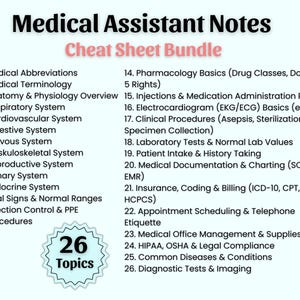 May include: A teal and white graphic lists 26 topics for medical assistants. The title reads "Medical Assistant Notes Cheat Sheet Bundle." Topics include medical abbreviations, anatomy, physiology, and pharmacology.