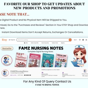 May include: An Etsy shop advertisement with the text "FAVORITE OUR SHOP TO GET UPDATES ABOUT NEW PRODUCTS AND PROMOTIONS." The image showcases digital nursing notes, including "PATHOPHYSIOLOGY" and "ANATOMY AND PHYSIOLOGY."