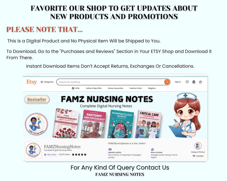 May include: An Etsy shop advertisement with the text "FAVORITE OUR SHOP TO GET UPDATES ABOUT NEW PRODUCTS AND PROMOTIONS." The image showcases digital nursing notes, including "PATHOPHYSIOLOGY" and "ANATOMY AND PHYSIOLOGY."