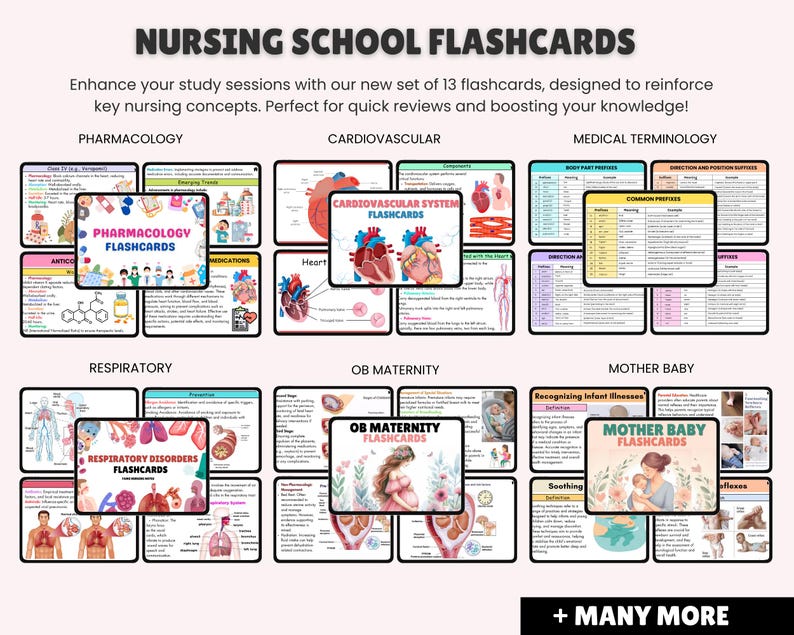 May include: A set of 13 flashcards designed for nursing students. The flashcards cover topics such as Pharmacology, Cardiovascular System, Respiratory Disorders, OB Maternity, Mother Baby, and Medical Terminology. The flashcards feature colorful illustrations and diagrams.