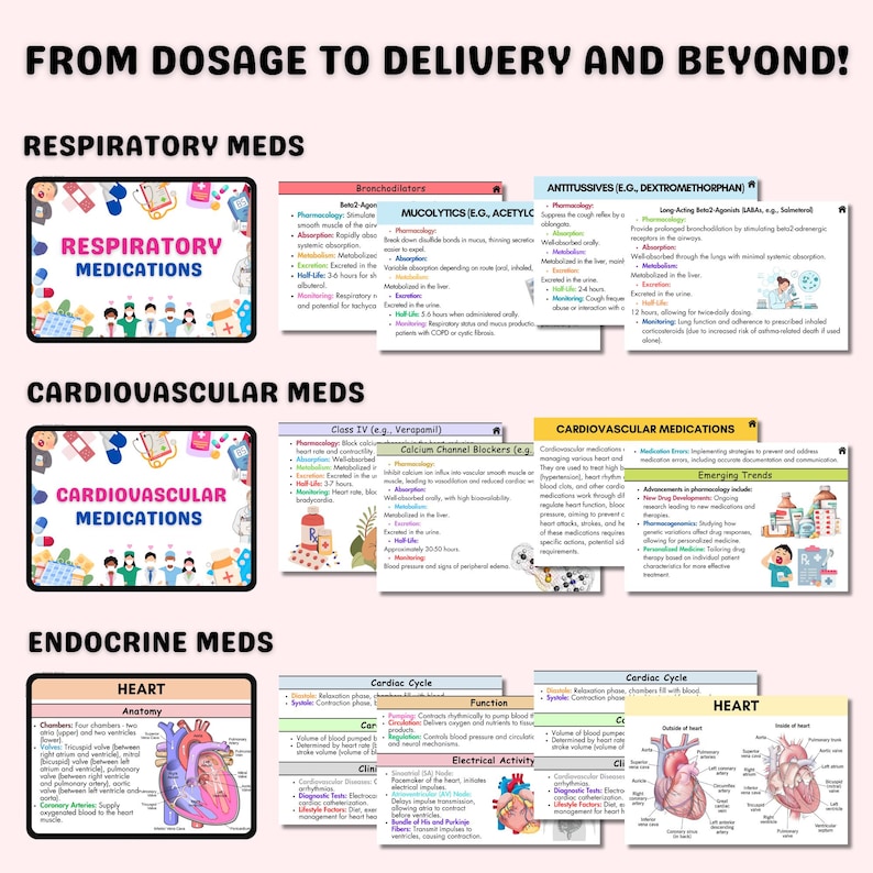 May include: A colorful infographic with illustrations of medical professionals and cartoon characters. The infographic is divided into three sections: Respiratory Meds, Cardiovascular Meds, and Endocrine Meds. Each section includes a list of medications and their uses.