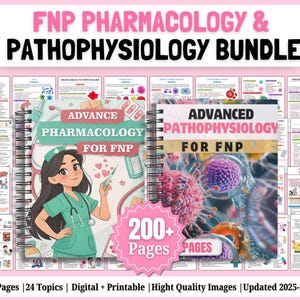 Peut inclure: Un ensemble de documents pédagogiques pour la pharmacologie et la physiopathologie FNP. L'image présente deux cahiers à spirales intitulés "Pharmacologie Avancée" et "Physiopathologie Avancée". La couverture comprend des illustrations et le texte "200+ Pages | 24 Topics | Digital + Printable."