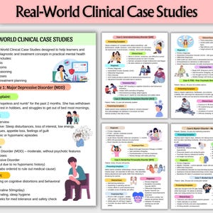 May include: A medical educational poster titled "Real-World Clinical Case Studies" with detailed information on various mental health conditions. The poster includes case studies, symptoms, diagnoses, and treatment plans, designed for learners and professionals.