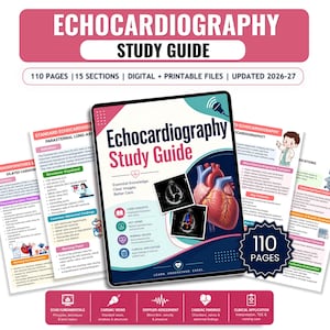 May include: An Echocardiography Study Guide featuring 110 pages and 15 sections. The cover displays a human heart illustration, ultrasound images, and the text 'Echocardiography Study Guide'. Includes digital and printable files updated for 2026-27.
