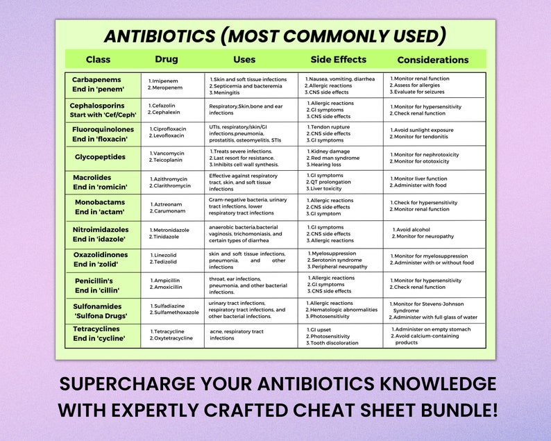 May include: A colorful chart with a pink background and white text outlining the most commonly used antibiotics. The chart is divided into columns for class, drug, uses, side effects, and considerations. The chart includes the names of common antibiotics and their uses, side effects, and considerations.