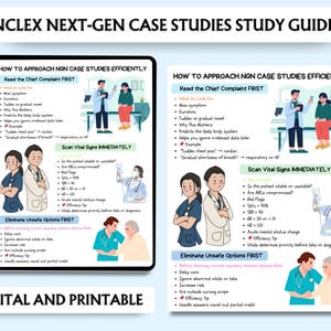 Może przedstawiać: Cyfrowy i drukowany przewodnik do nauki dla studi&oacute;w przypadk&oacute;w NCLEX Next-Gen. Przewodnik zawiera informacje o tym, jak efektywnie podchodzić do studi&oacute;w przypadk&oacute;w, skanować funkcje życiowe i eliminować niebezpieczne opcje. Tekst jest czarny i zielony na białym tle.