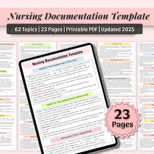 May include: A digital nursing documentation template displayed on a tablet, with the title "Nursing Documentation Template." The image includes the text "62 Topics | 23 Pages | Printable PDF | Updated 2025." A pink starburst graphic reads "23 Pages."