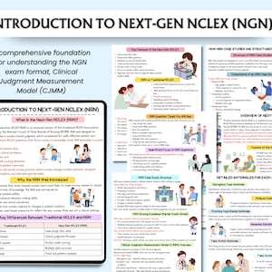 Może przedstawiać: Materiały edukacyjne do egzaminu Next-Gen NCLEX (NGN), obejmujące studia przypadk&oacute;w, typy pytań i pomiar osądu klinicznego. Tytuł "INTRODUCTION TO NEXT-GEN NCLEX (NGN)" jest widoczny na g&oacute;rze. Przeznaczone dla student&oacute;w pielęgniarstwa.