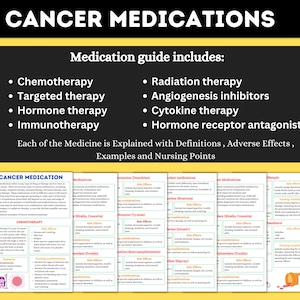 Pode incluir: Um guia sobre medicamentos contra o cancro, incluindo quimioterapia, terapia direcionada, terapia hormonal, imunoterapia, radioterapia, inibidores da angiog&eacute;nese, terapia com citocinas e antagonistas dos recetores hormonais. Cada medicamento &eacute; explicado com defini&ccedil;&otilde;es, efeitos adversos, exemplos e pontos de enfermagem.