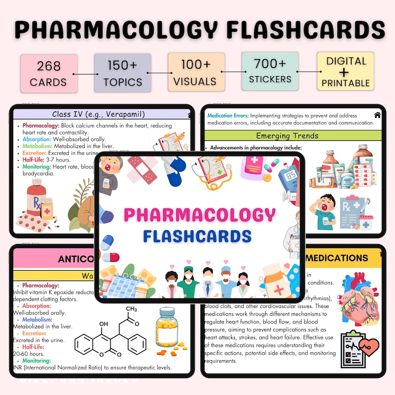 May include: A set of colorful flashcards for studying pharmacology. The flashcards feature illustrations of pills, medical equipment, and people. The text on the flashcards includes the words "Pharmacology Flashcards", "Class IV", "Medication Errors", "Emerging Trends", "Anticoagulants", and "Medications".