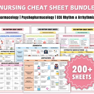 May include: A bundle of over 200 nursing cheat sheets, featuring colourful charts and tables with information on pharmacology, psychopharmacology, ECG rhythm, and arrhythmias. The cheat sheets are organised into categories such as musculoskeletal assessment, gastrointestinal assessment, endocrine assessment, dementia, hypnotic medications, inhaled medications, and antacids.