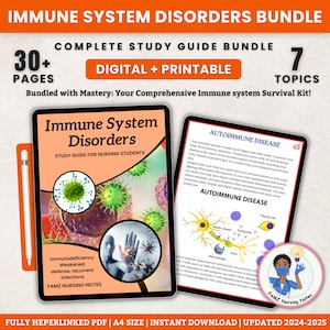 May include: A digital study guide bundle for nursing students on immune system disorders. The cover features a blue and white illustration of a castle with a red roof and a green lawn. The title "Immune System Disorders" is in bold white text. The subtitle "Study Guide for Nursing Students" is in smaller white text. The bundle includes 30+ pages and 7 topics. The guide is fully hyperlinked and available in A4 size.