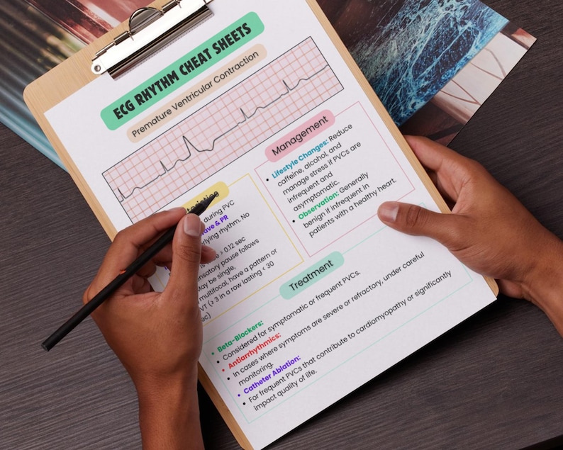 May include: A close-up of a cheat sheet for ECG rhythms, focusing on premature ventricular contractions (PVCs). The sheet includes a diagram of a PVC, management tips, and treatment options, such as beta-blockers, antiarrhythmics, and catheter ablation.